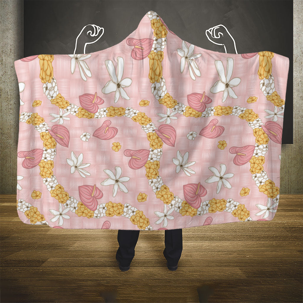 Hawaii Anthurium Tiare Pikake Lei Hooded Blanket Akala Lauhala Art Pattern