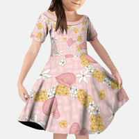 Hawaii Anthurium Tiare Pikake Lei Kid Short Sleeve Dress Akala Lauhala Art Pattern