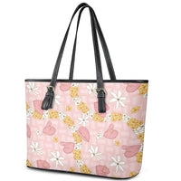 Hawaii Anthurium Tiare Pikake Lei Leather Tote Bag Akala Lauhala Art Pattern