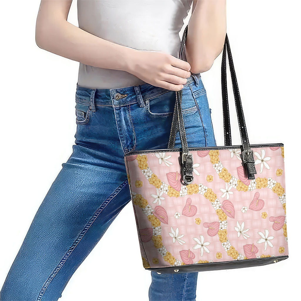 Hawaii Anthurium Tiare Pikake Lei Leather Tote Bag Akala Lauhala Art Pattern