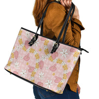 Hawaii Anthurium Tiare Pikake Lei Leather Tote Bag Akala Lauhala Art Pattern