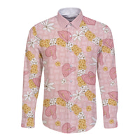 Hawaii Anthurium Tiare Pikake Lei Long Sleeve Button Shirt Akala Lauhala Art Pattern