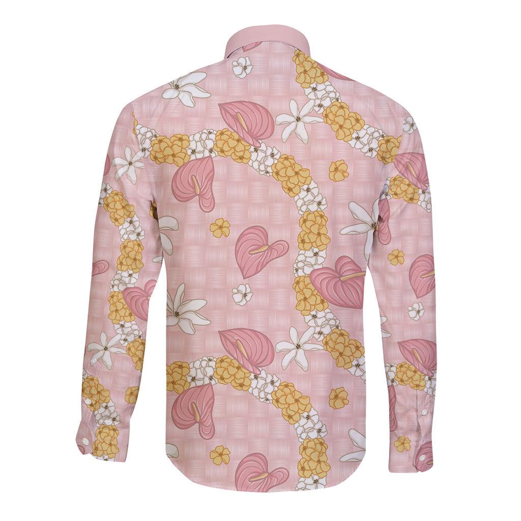 Hawaii Anthurium Tiare Pikake Lei Long Sleeve Button Shirt Akala Lauhala Art Pattern