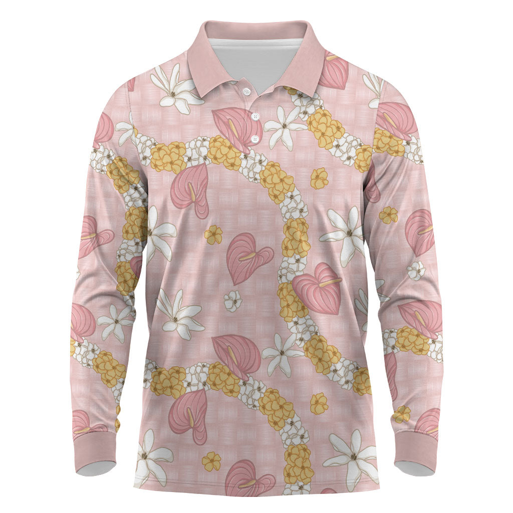 Hawaii Anthurium Tiare Pikake Lei Long Sleeve Polo Shirt Akala Lauhala Art Pattern