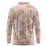 Hawaii Anthurium Tiare Pikake Lei Long Sleeve Polo Shirt Akala Lauhala Art Pattern