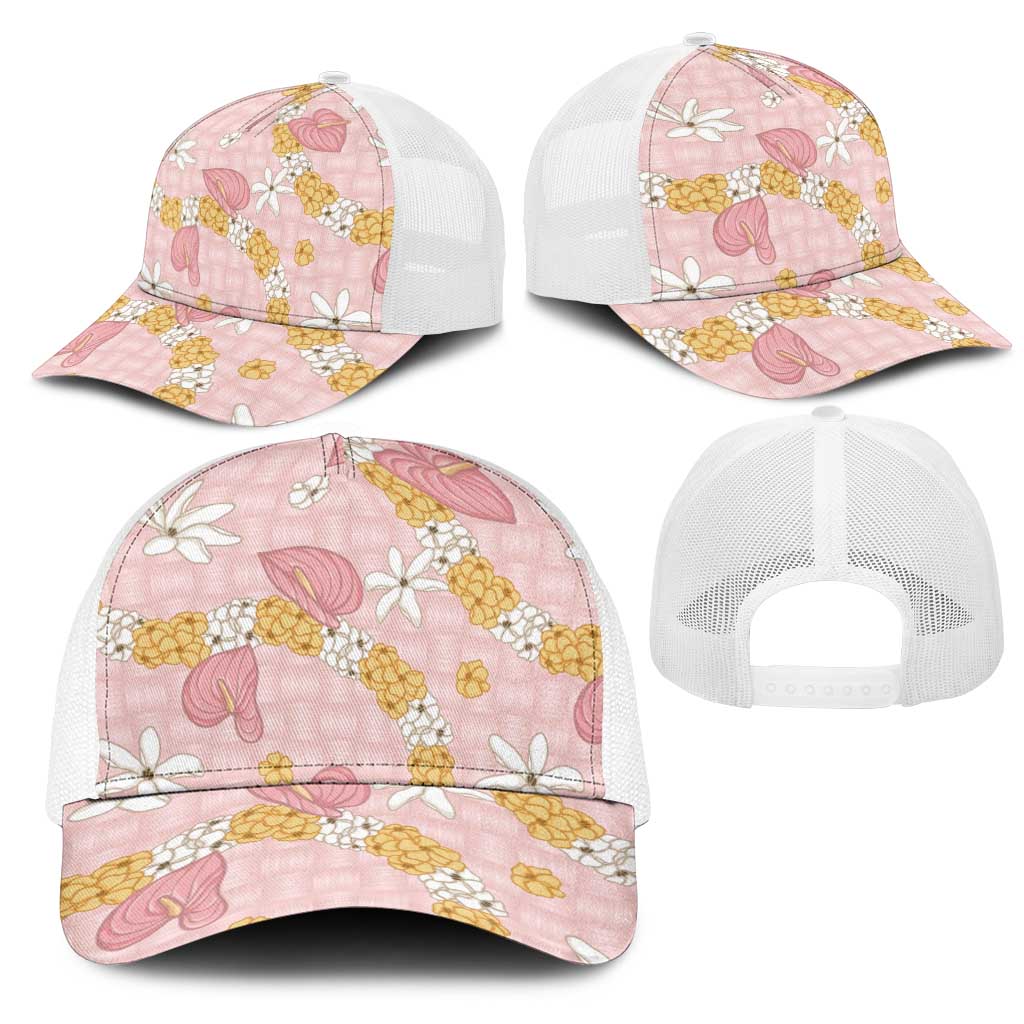 Hawaii Anthurium Tiare Pikake Lei Mesh Trucker Cap Akala Lauhala Art Pattern