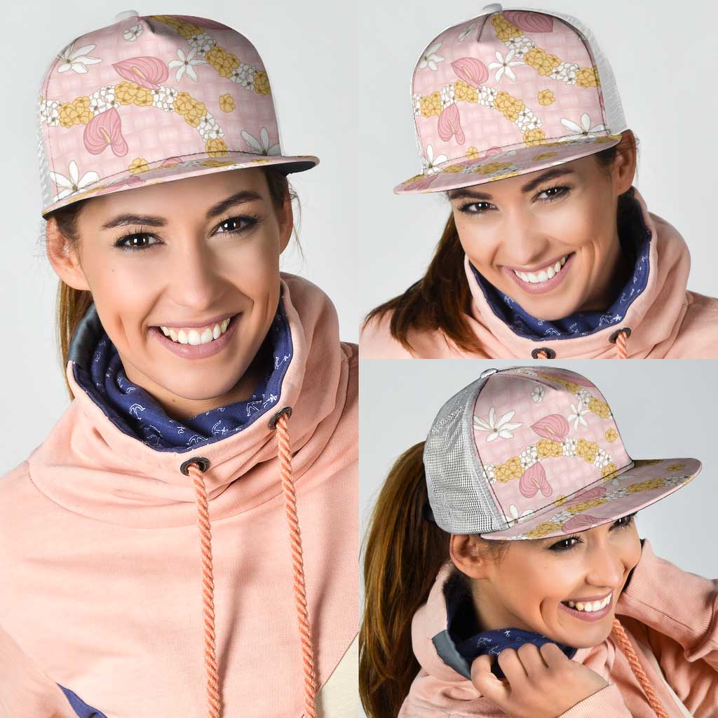 Hawaii Anthurium Tiare Pikake Lei Mesh Trucker Cap Akala Lauhala Art Pattern