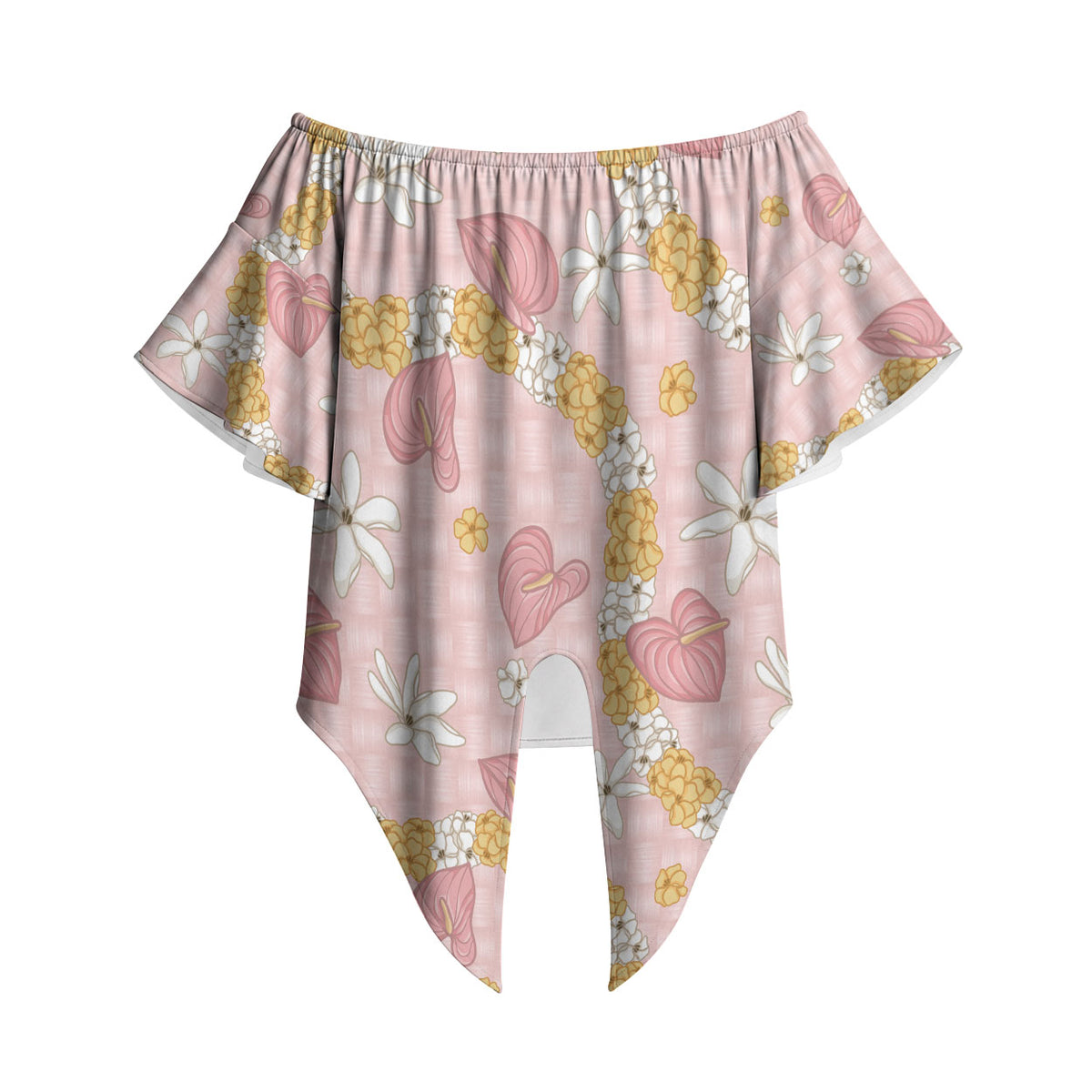 Hawaii Anthurium Tiare Pikake Lei Off Shoulder Wrap Waist Top Akala Lauhala Art Pattern LT01 Pink - Polynesian Pride