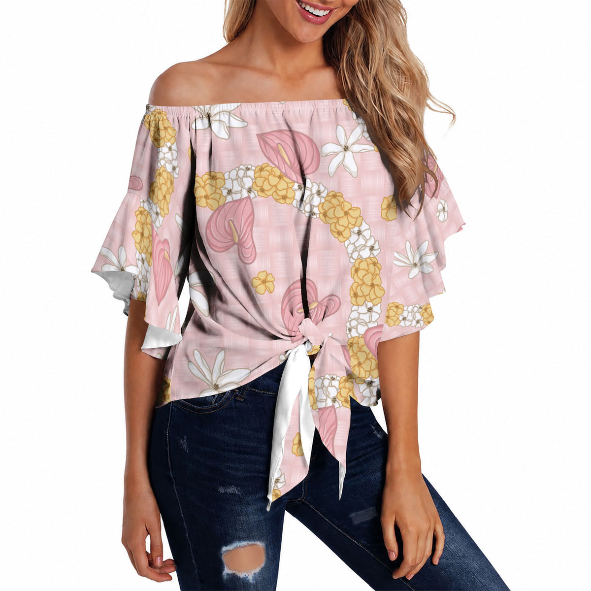 Hawaii Anthurium Tiare Pikake Lei Off Shoulder Wrap Waist Top Akala Lauhala Art Pattern LT01 - Polynesian Pride