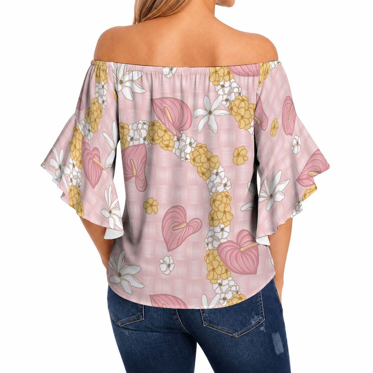 Hawaii Anthurium Tiare Pikake Lei Off Shoulder Wrap Waist Top Akala Lauhala Art Pattern LT01 - Polynesian Pride