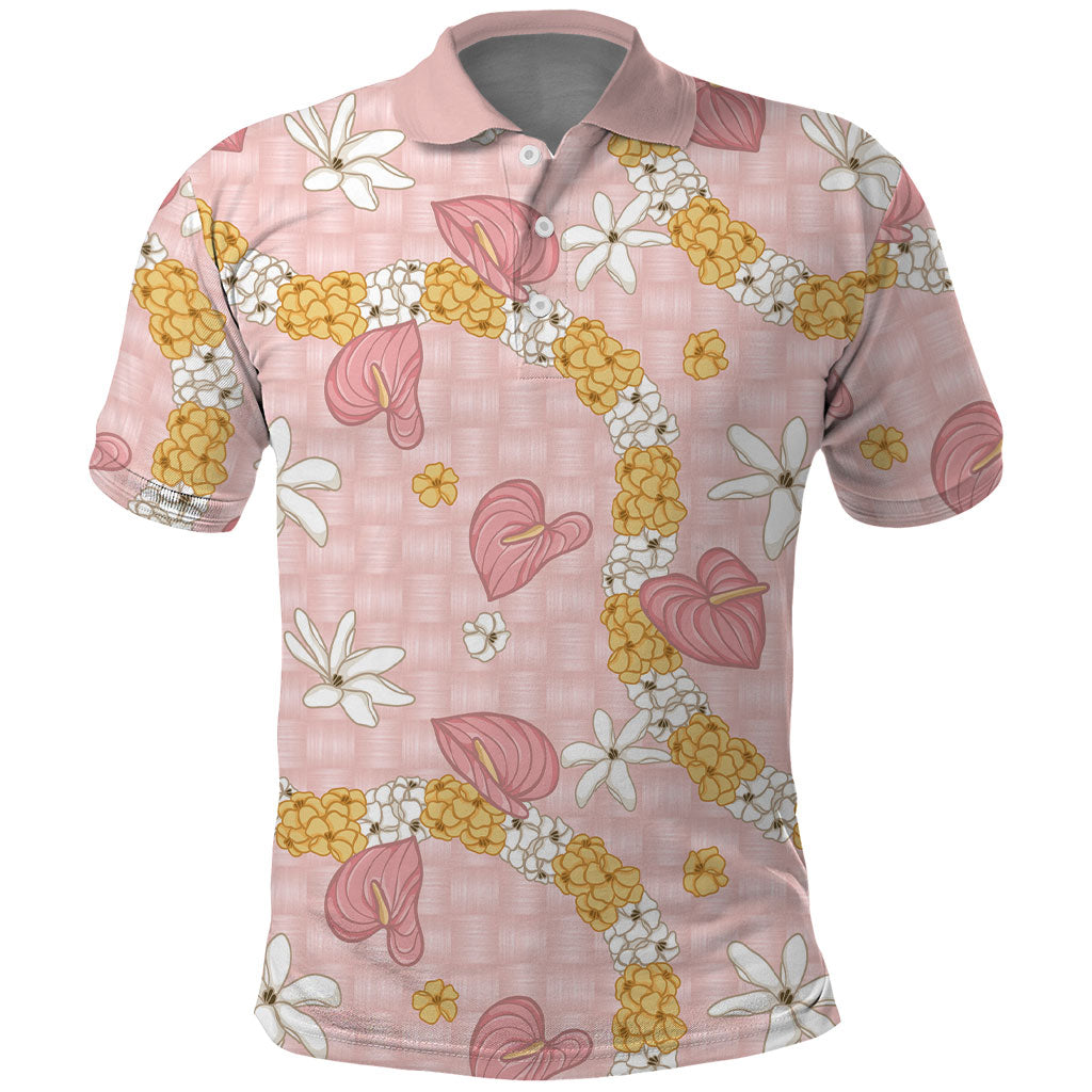 Hawaii Anthurium Tiare Pikake Lei Polo Shirt Akala Lauhala Art Pattern LT01 Pink - Polynesian Pride