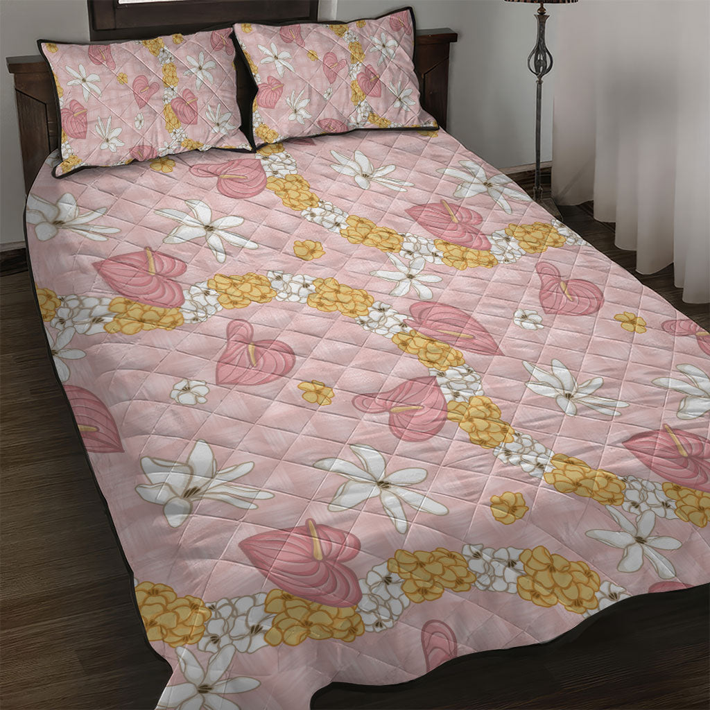 Hawaii Anthurium Tiare Pikake Lei Quilt Bed Set Akala Lauhala Art Pattern