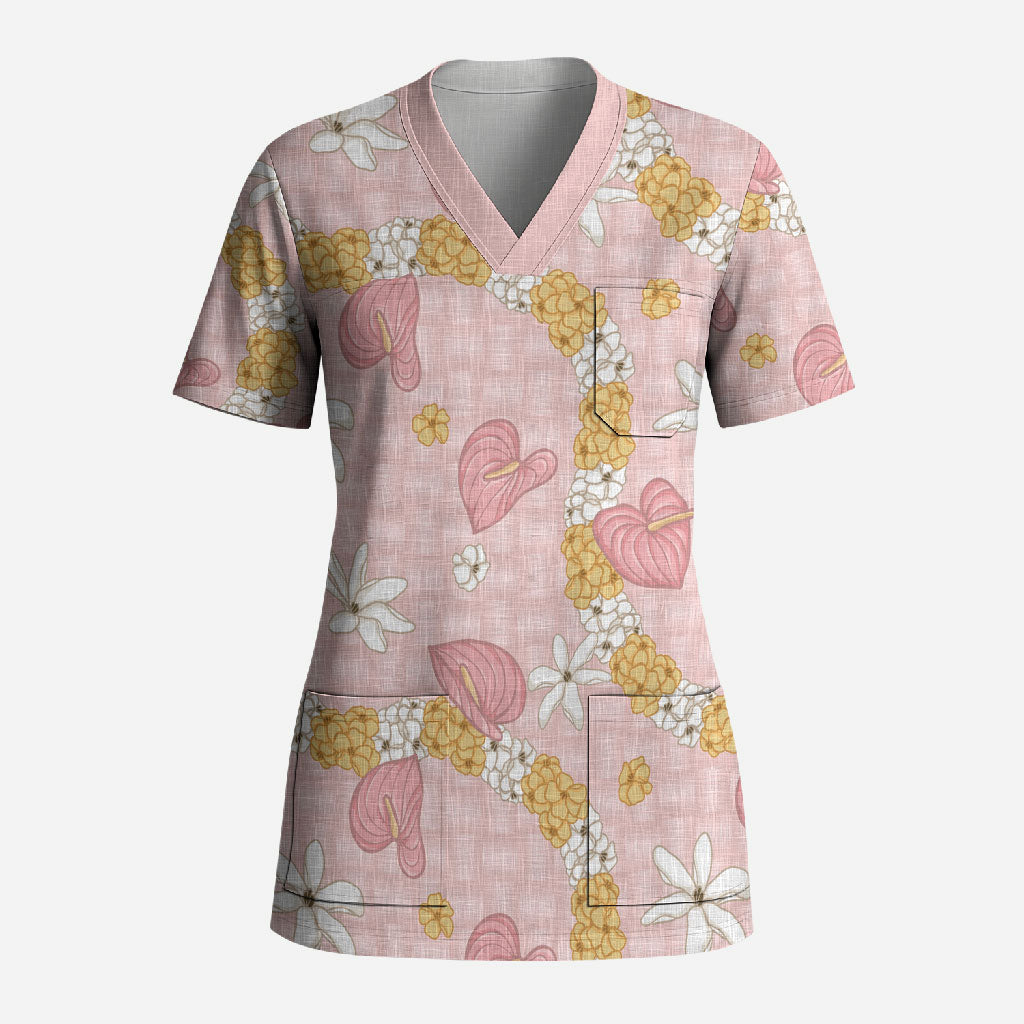Hawaii Anthurium Tiare Pikake Lei Scrub Top Akala Lauhala Art Pattern