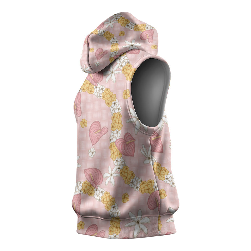 Hawaii Anthurium Tiare Pikake Lei Sleeveless Hoodie Akala Lauhala Art Pattern