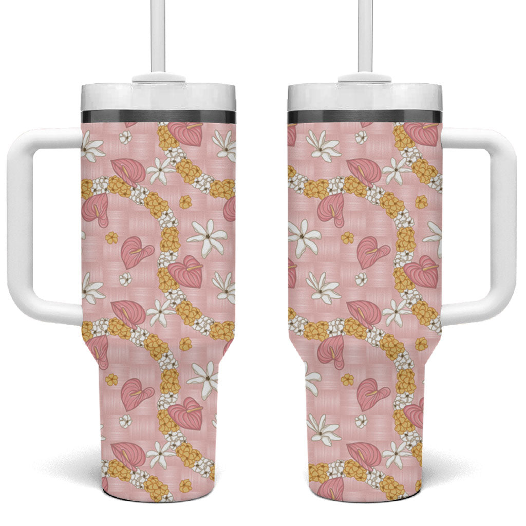 Hawaii Anthurium Tiare Pikake Lei Tumbler With Handle Akala Lauhala Art Pattern
