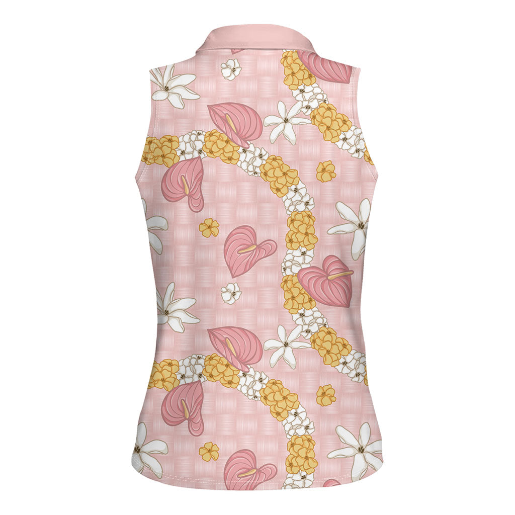 Hawaii Anthurium Tiare Pikake Lei Women Sleeveless Polo Shirt Akala Lauhala Art Pattern