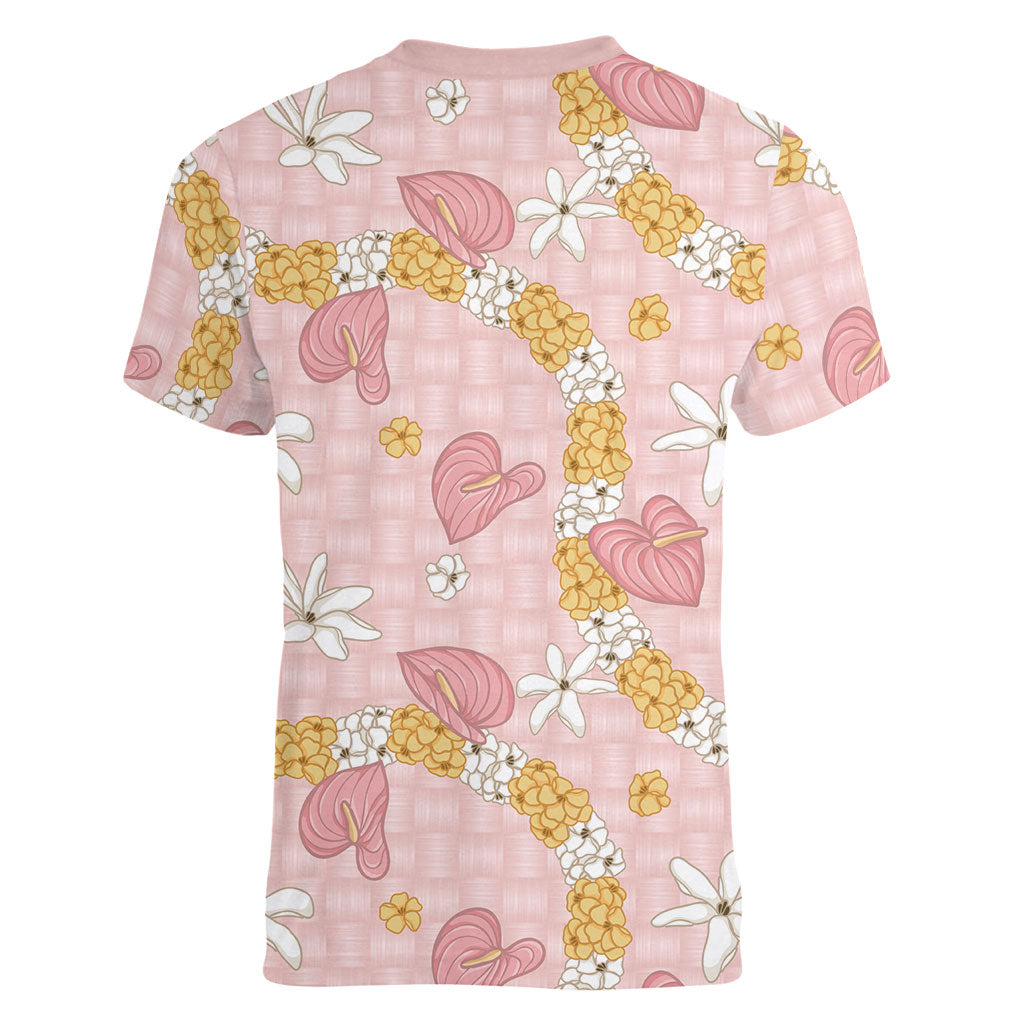 Hawaii Anthurium Tiare Pikake Lei Women V-Neck T-Shirt Akala Lauhala Art Pattern
