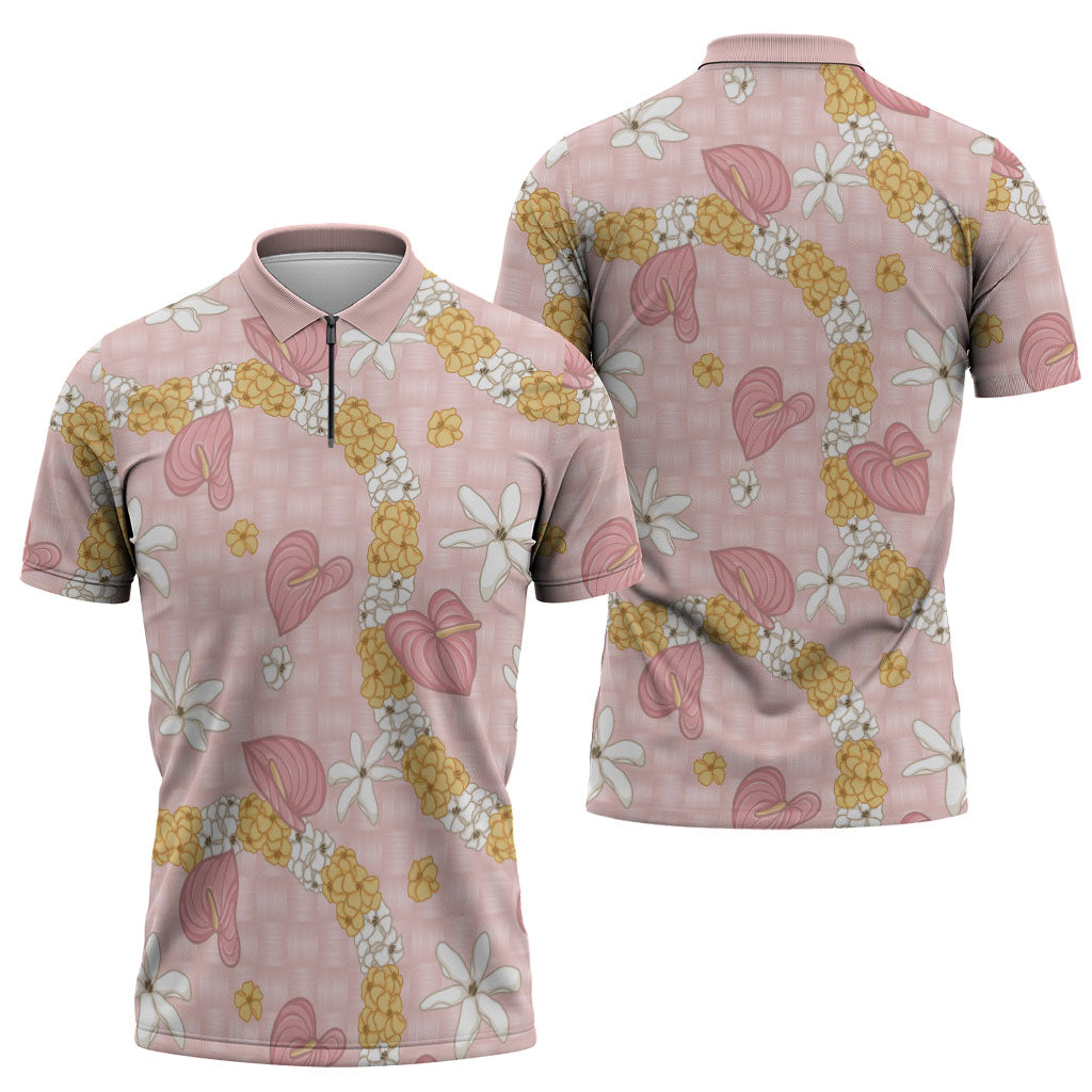 Hawaii Anthurium Tiare Pikake Lei Zipper Polo Shirt Akala Lauhala Art Pattern
