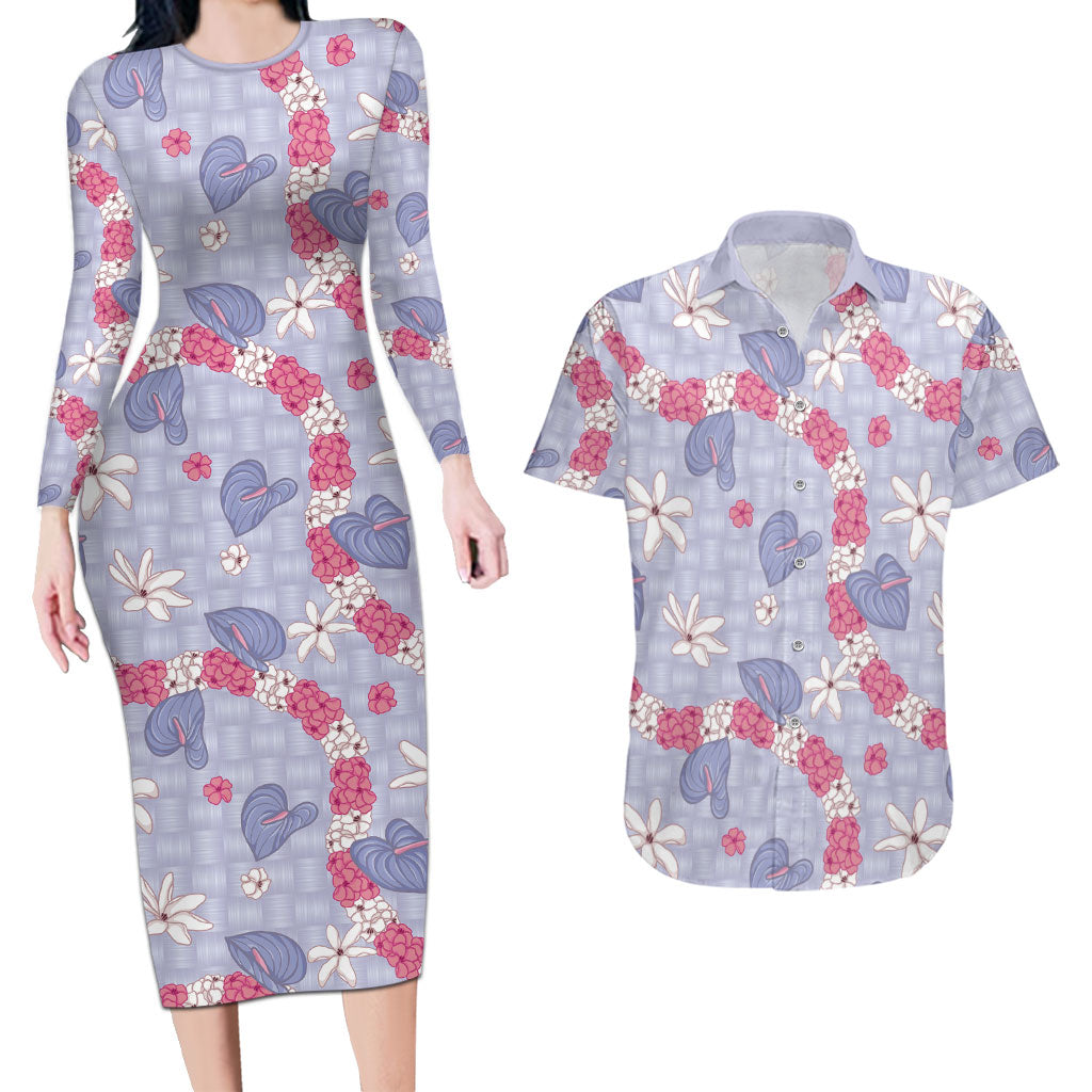 Hawaii Anthurium Tiare Pikake Lei Couples Matching Long Sleeve Bodycon Dress and Hawaiian Shirt Poni Lauhala Art Pattern LT01 Purple - Polynesian Pride