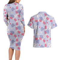 Hawaii Anthurium Tiare Pikake Lei Couples Matching Long Sleeve Bodycon Dress and Hawaiian Shirt Poni Lauhala Art Pattern LT01 - Polynesian Pride