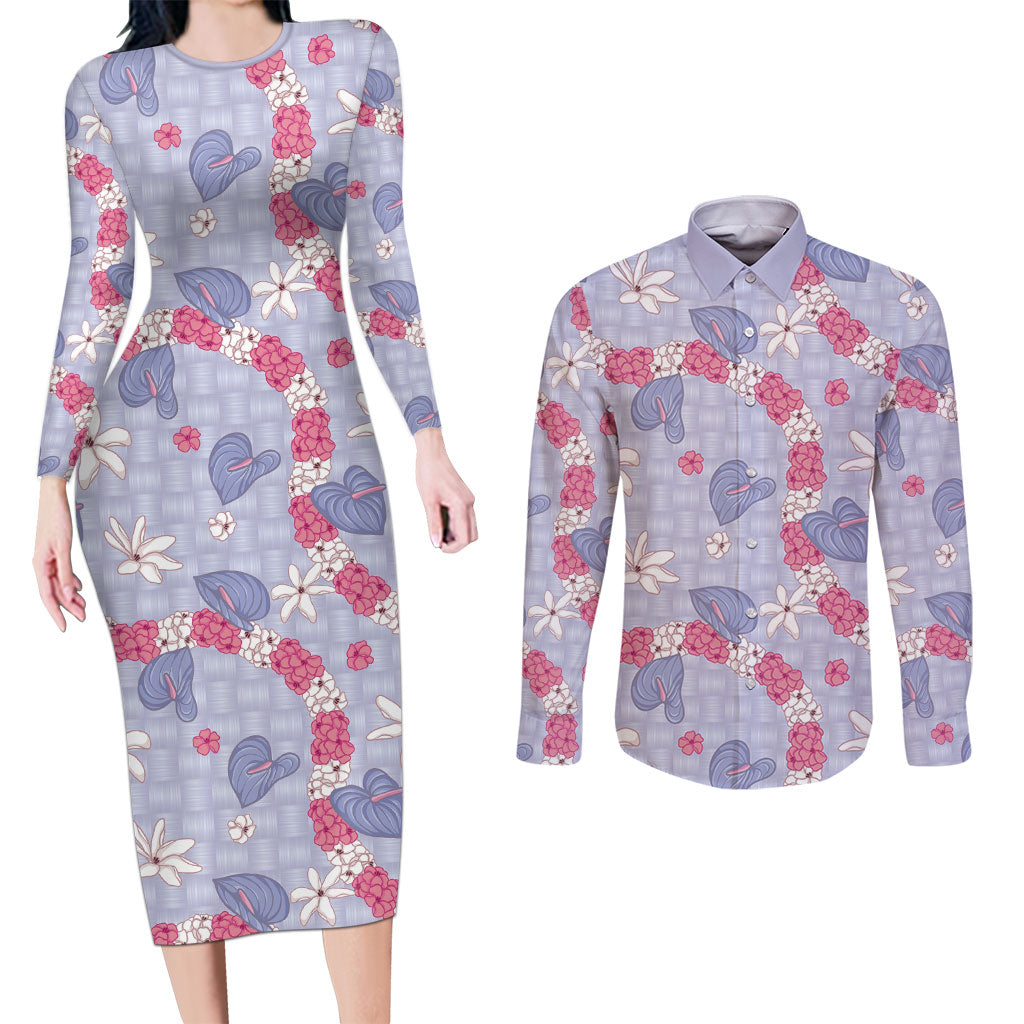 Hawaii Anthurium Tiare Pikake Lei Couples Matching Long Sleeve Bodycon Dress and Long Sleeve Button Shirt Poni Lauhala Art Pattern LT01 Purple - Polynesian Pride