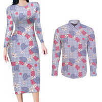 Hawaii Anthurium Tiare Pikake Lei Couples Matching Long Sleeve Bodycon Dress and Long Sleeve Button Shirt Poni Lauhala Art Pattern LT01 Purple - Polynesian Pride