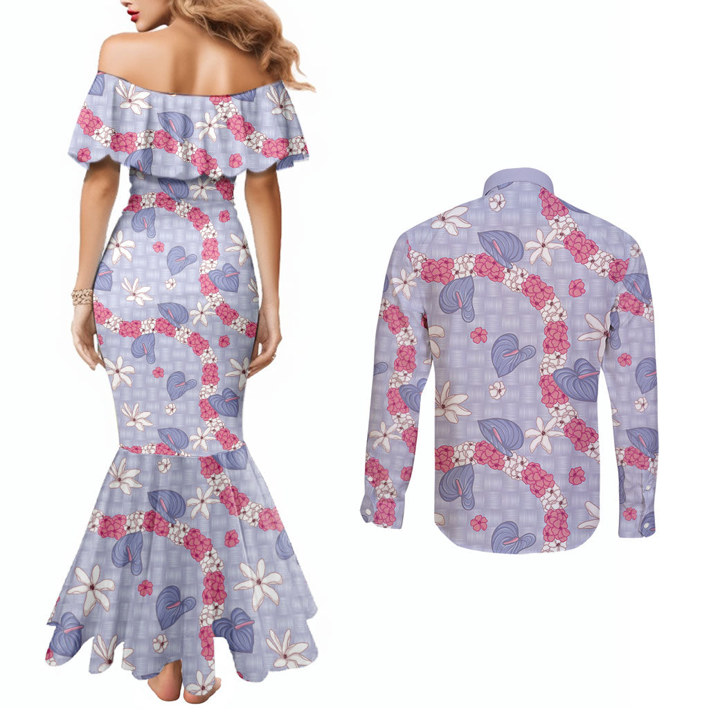 Hawaii Anthurium Tiare Pikake Lei Couples Matching Mermaid Dress and Long Sleeve Button Shirt Poni Lauhala Art Pattern