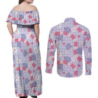 Hawaii Anthurium Tiare Pikake Lei Couples Matching Off Shoulder Maxi Dress and Long Sleeve Button Shirt Poni Lauhala Art Pattern