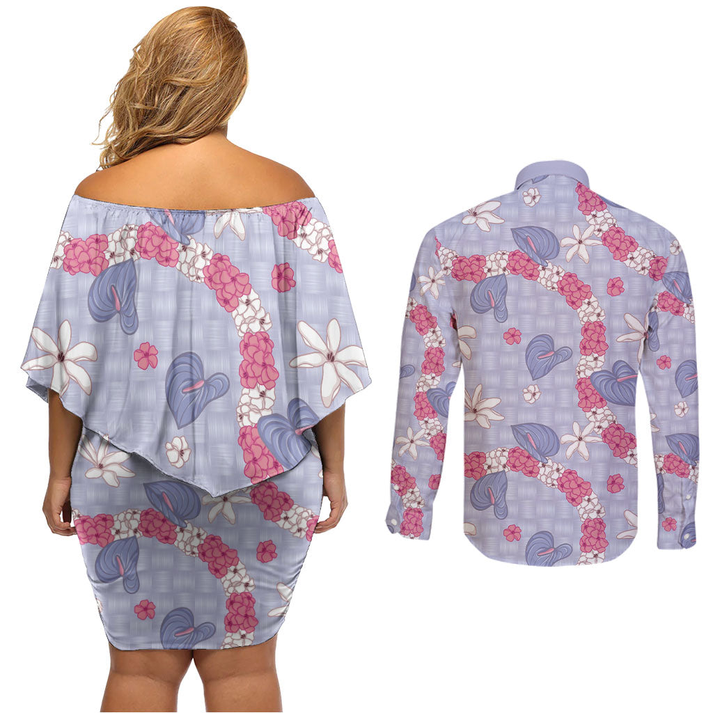 Hawaii Anthurium Tiare Pikake Lei Couples Matching Off Shoulder Short Dress and Long Sleeve Button Shirt Poni Lauhala Art Pattern