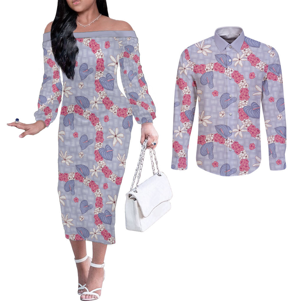 Hawaii Anthurium Tiare Pikake Lei Couples Matching Off The Shoulder Long Sleeve Dress and Long Sleeve Button Shirt Poni Lauhala Art Pattern LT01 Purple - Polynesian Pride