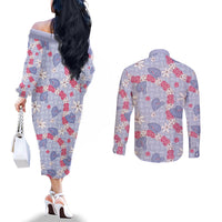 Hawaii Anthurium Tiare Pikake Lei Couples Matching Off The Shoulder Long Sleeve Dress and Long Sleeve Button Shirt Poni Lauhala Art Pattern LT01 - Polynesian Pride