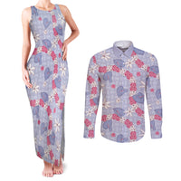 Hawaii Anthurium Tiare Pikake Lei Couples Matching Tank Maxi Dress and Long Sleeve Button Shirt Poni Lauhala Art Pattern