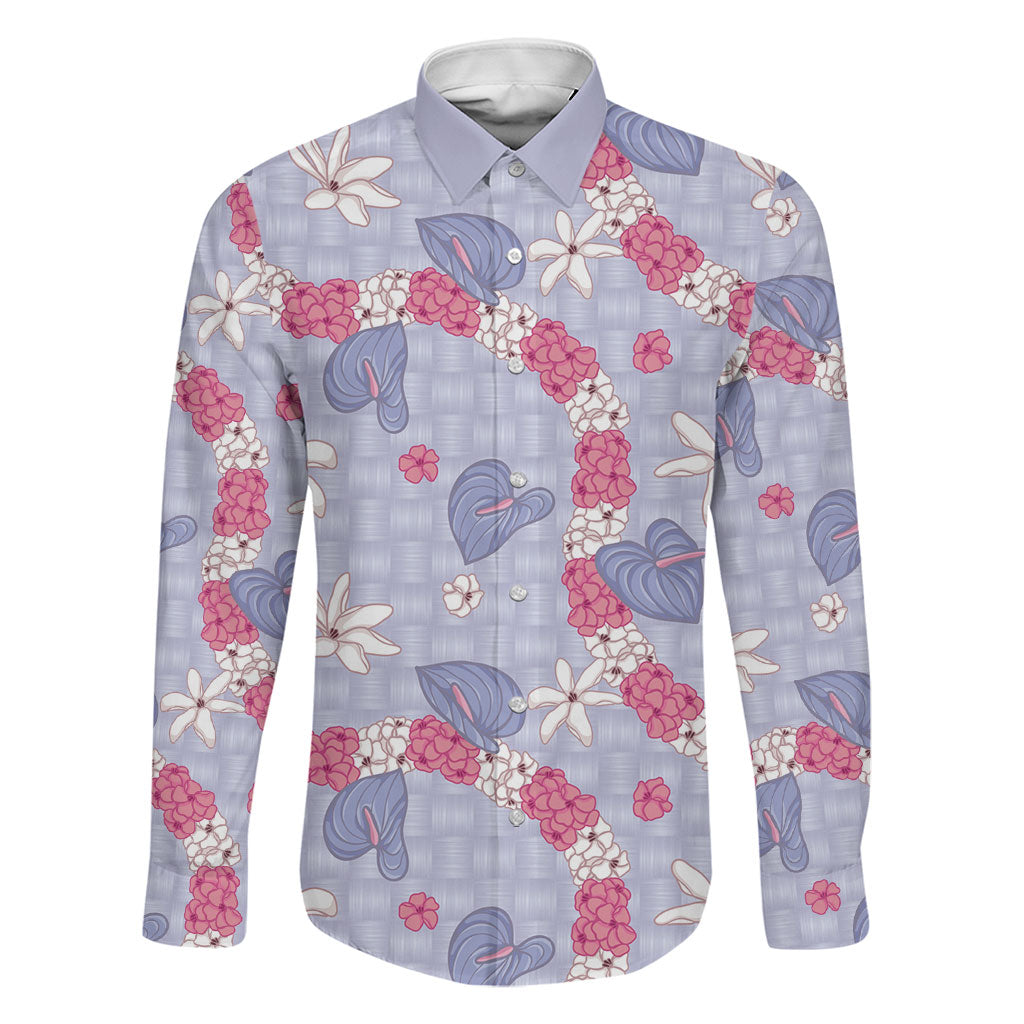 Hawaii Anthurium Tiare Pikake Lei Family Matching Off Shoulder Maxi Dress and Hawaiian Shirt Poni Lauhala Art Pattern LT01 Dad's Shirt - Long Sleeve Purple - Polynesian Pride
