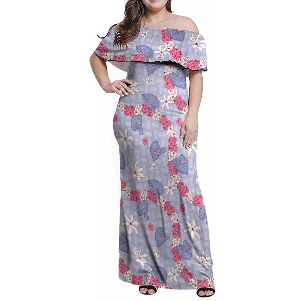 Hawaii Anthurium Tiare Pikake Lei Family Matching Off Shoulder Maxi Dress and Hawaiian Shirt Poni Lauhala Art Pattern LT01 Mom's Dress Purple - Polynesian Pride