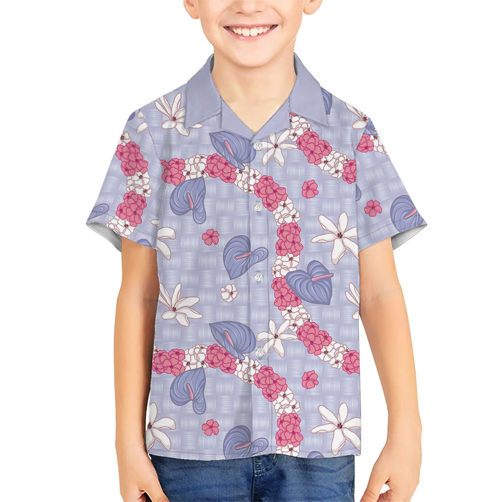 Hawaii Anthurium Tiare Pikake Lei Family Matching Off Shoulder Maxi Dress and Hawaiian Shirt Poni Lauhala Art Pattern LT01 Son's Shirt Purple - Polynesian Pride