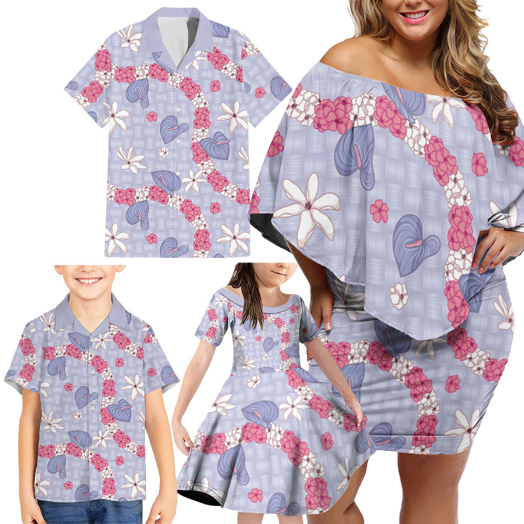 Hawaii Anthurium Tiare Pikake Lei Family Matching Off Shoulder Short Dress and Hawaiian Shirt Poni Lauhala Art Pattern LT01 - Polynesian Pride