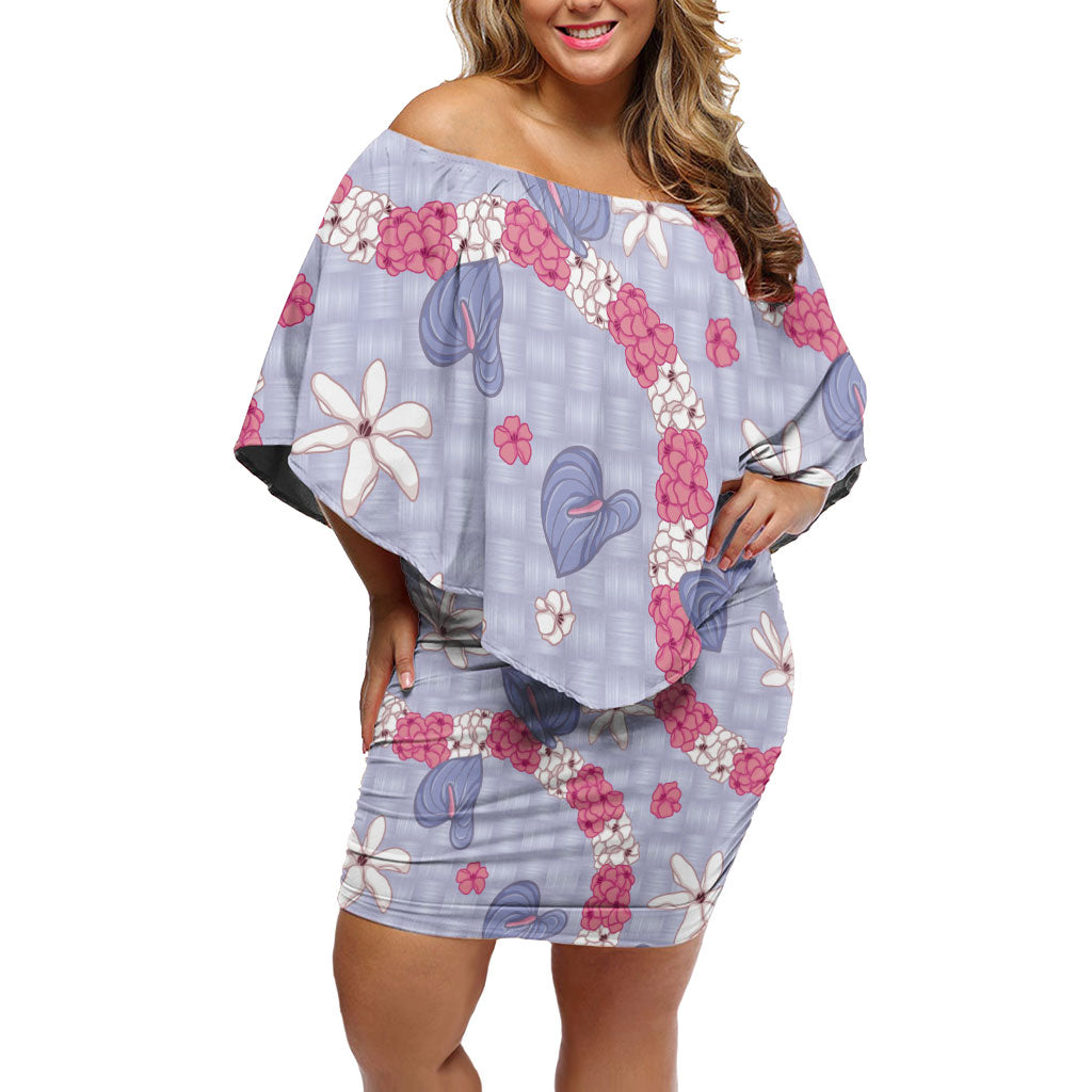 Hawaii Anthurium Tiare Pikake Lei Family Matching Off Shoulder Short Dress and Hawaiian Shirt Poni Lauhala Art Pattern LT01 Mom's Dress Purple - Polynesian Pride