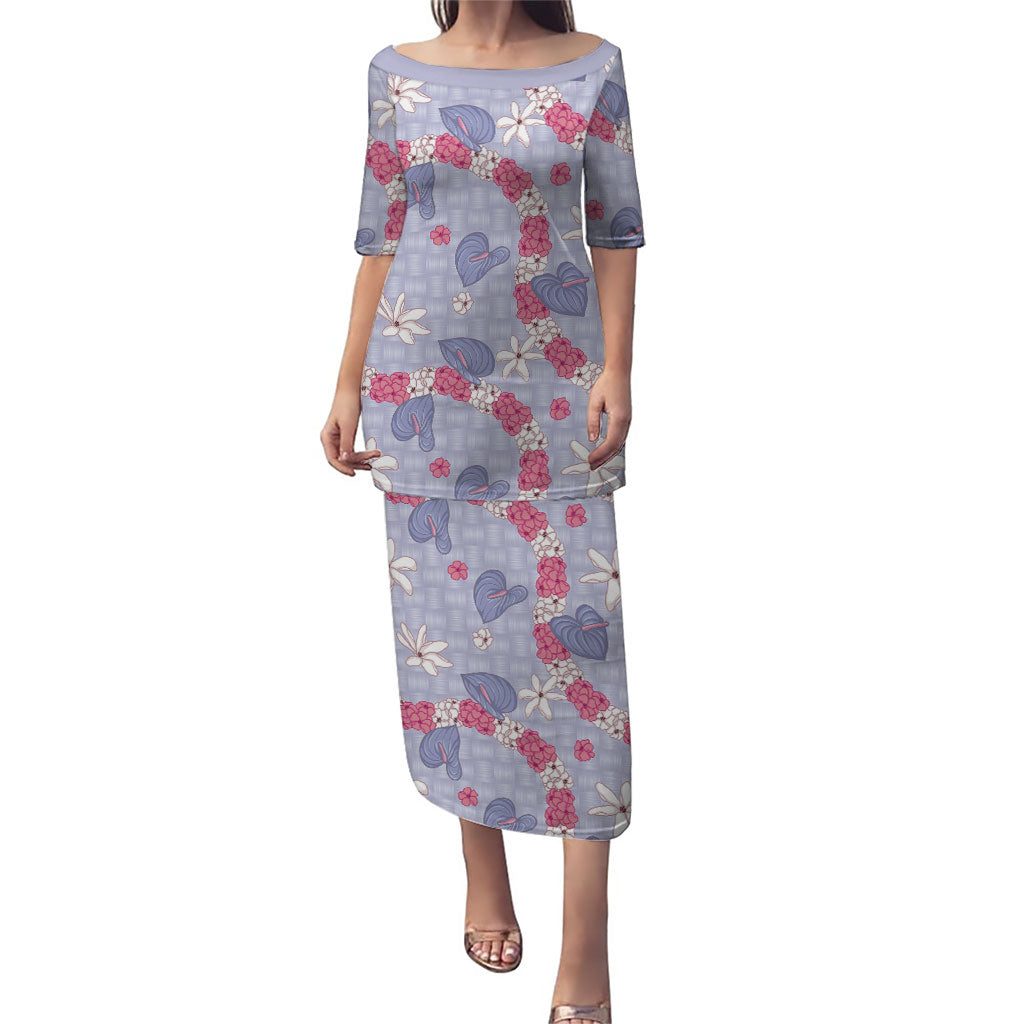 Hawaii Anthurium Tiare Pikake Lei Family Matching Puletasi and Hawaiian Shirt Poni Lauhala Art Pattern LT01 Mom's Dress Purple - Polynesian Pride