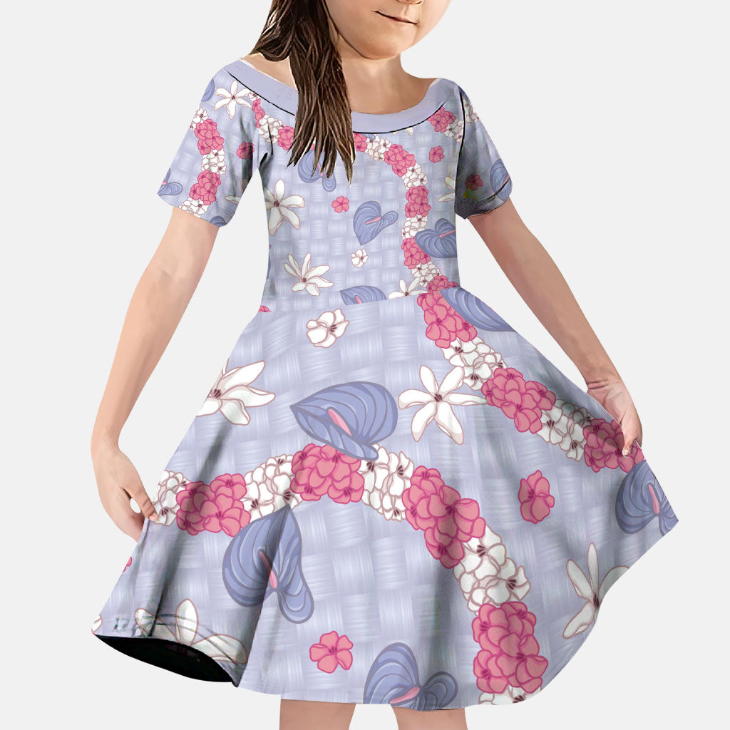 Hawaii Anthurium Tiare Pikake Lei Family Matching Tank Maxi Dress and Hawaiian Shirt Poni Lauhala Art Pattern LT01 Daughter's Dress Purple - Polynesian Pride