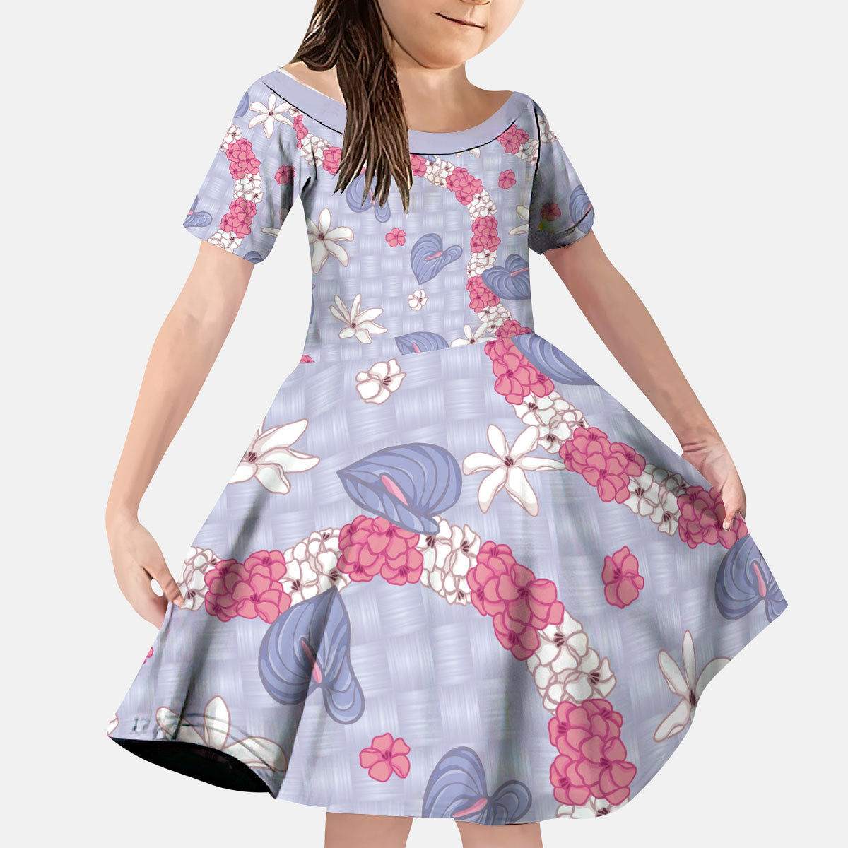 Hawaii Anthurium Tiare Pikake Lei Kid Short Sleeve Dress Poni Lauhala Art Pattern