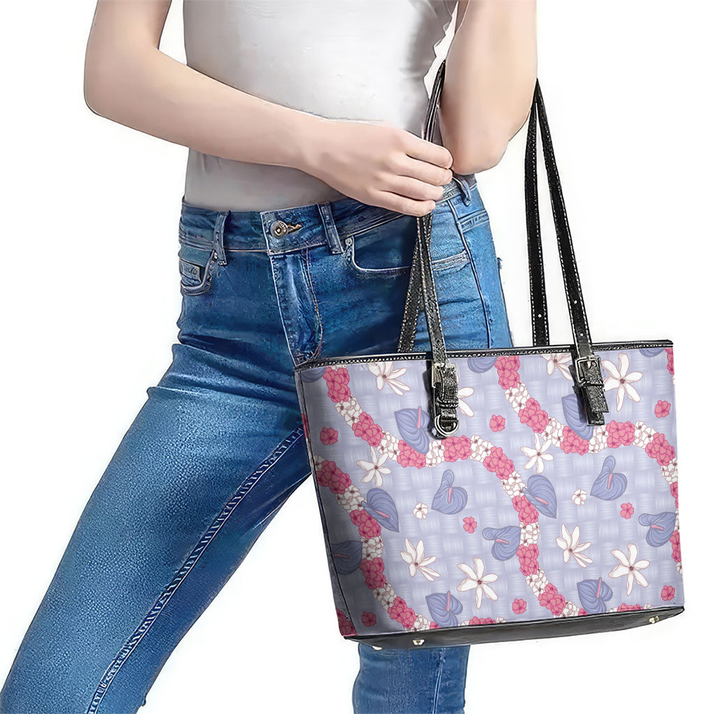 Hawaii Anthurium Tiare Pikake Lei Leather Tote Bag Poni Lauhala Art Pattern