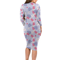 Hawaii Anthurium Tiare Pikake Lei Long Sleeve Bodycon Dress Poni Lauhala Art Pattern