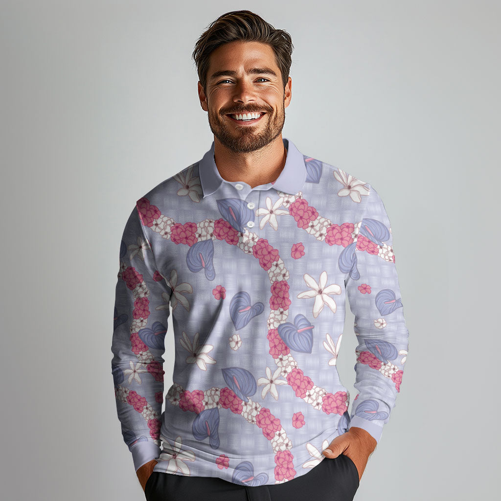 Hawaii Anthurium Tiare Pikake Lei Long Sleeve Polo Shirt Poni Lauhala Art Pattern