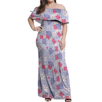 Hawaii Anthurium Tiare Pikake Lei Off Shoulder Maxi Dress Poni Lauhala Art Pattern LT01 Women Purple - Polynesian Pride