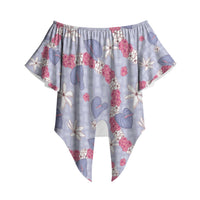 Hawaii Anthurium Tiare Pikake Lei Off Shoulder Wrap Waist Top Poni Lauhala Art Pattern LT01 Purple - Polynesian Pride