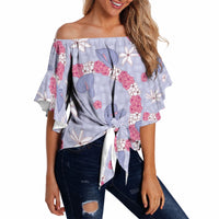 Hawaii Anthurium Tiare Pikake Lei Off Shoulder Wrap Waist Top Poni Lauhala Art Pattern LT01 - Polynesian Pride