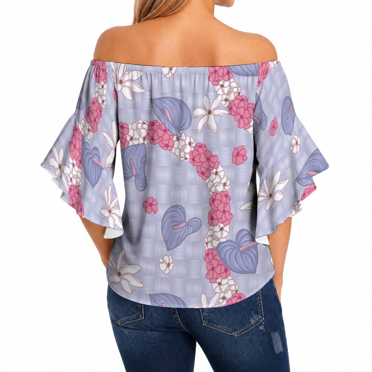 Hawaii Anthurium Tiare Pikake Lei Off Shoulder Wrap Waist Top Poni Lauhala Art Pattern LT01 - Polynesian Pride