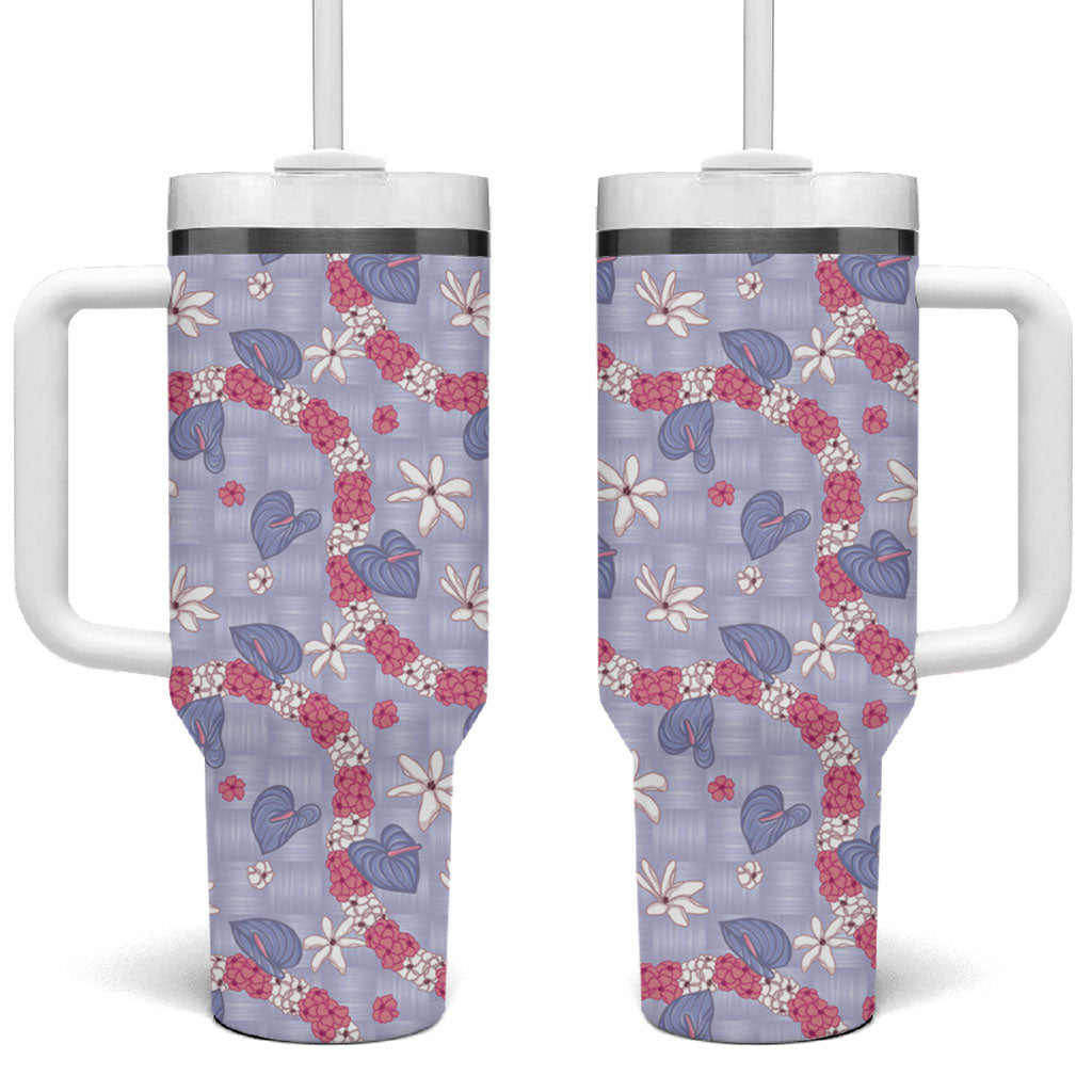 Hawaii Anthurium Tiare Pikake Lei Tumbler With Handle Poni Lauhala Art Pattern