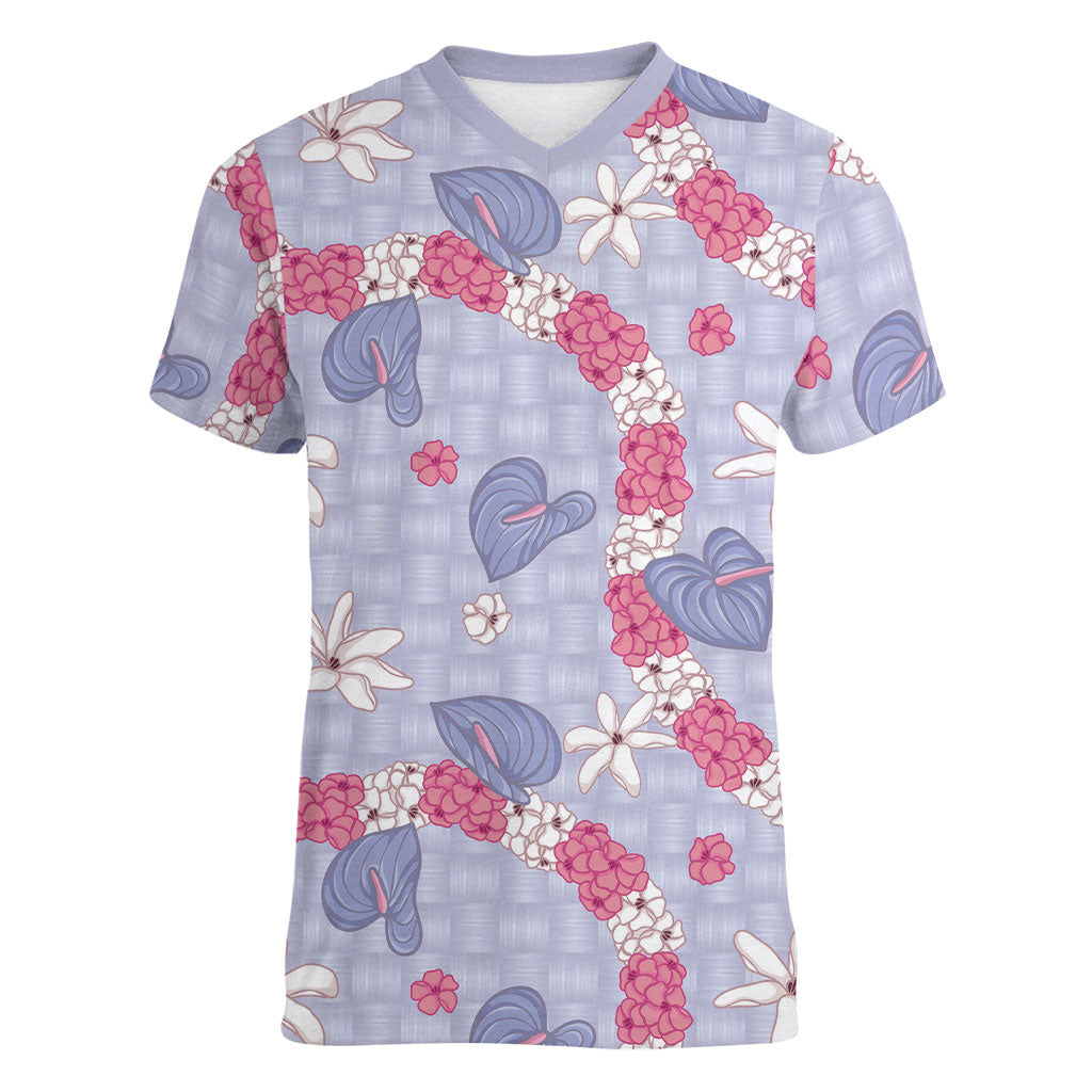 Hawaii Anthurium Tiare Pikake Lei Women V-Neck T-Shirt Poni Lauhala Art Pattern