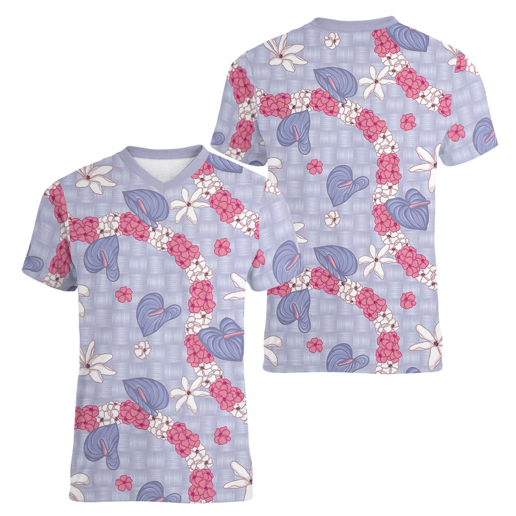 Hawaii Anthurium Tiare Pikake Lei Women V-Neck T-Shirt Poni Lauhala Art Pattern